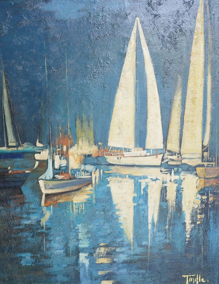 St Ives style, decorative oil on board, 'Yachts, Cornwall', 76 x 60cm. Condition - good